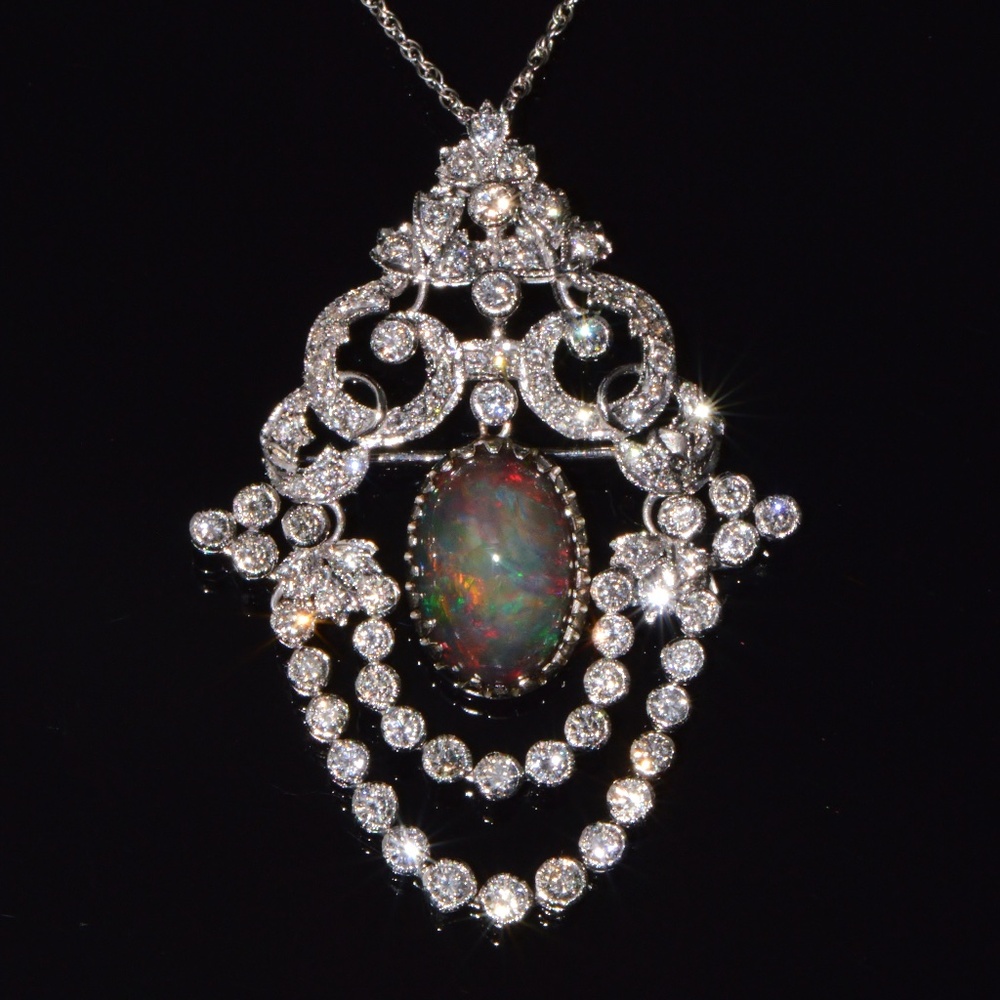 CERTIFIED NATURAL 9.62CTS VS F DIAMOND BLACK OPAL 18K SOLID GOLD PENDANT BROOCH